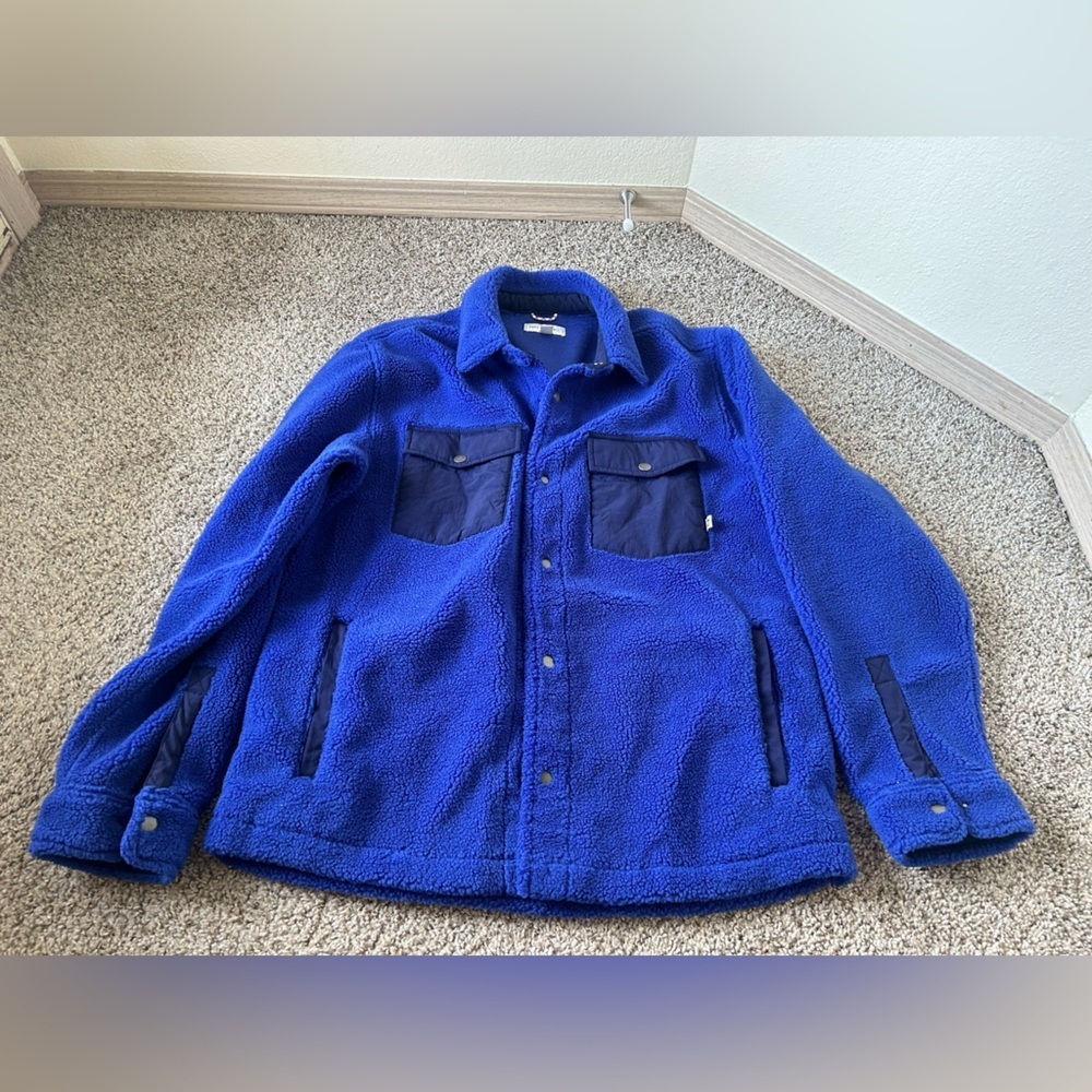Free Assembly Men's Faux Sherpa Overshirt Jacket Snap Button Size Medium Blue